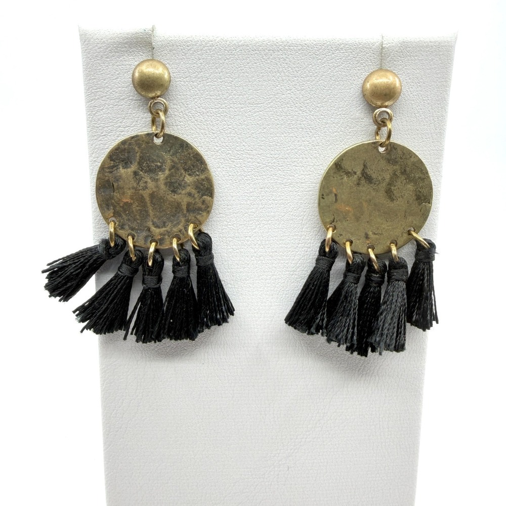 Chic Hammered Brass Tone Disk Drop Earrings with Black Tassel Fringe